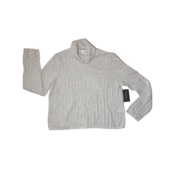 Halston 100% 2-Ply Cashmere Ribbed Turtleneck Light Gray Cropped Sweater XL NWT - Picture 1 of 4